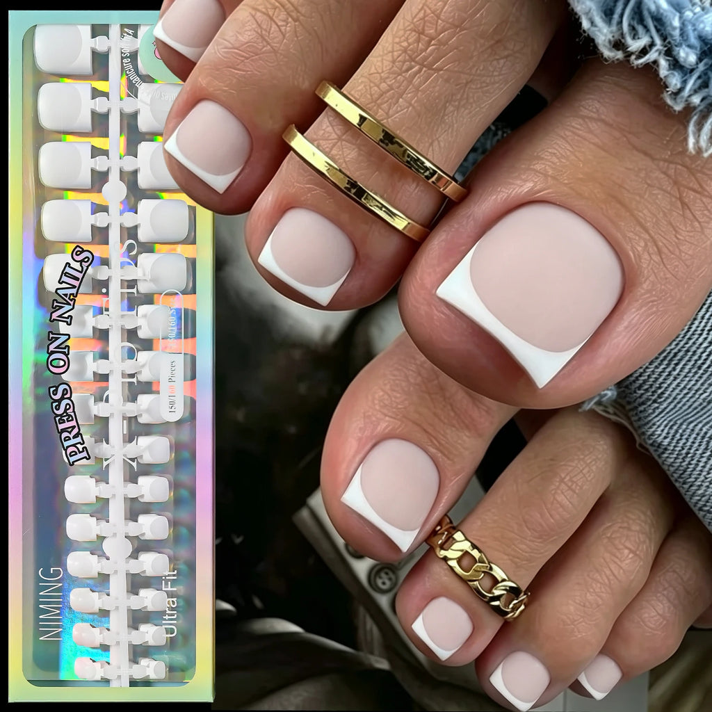 150Pcs Press-On Toenails French Square Tips – Grey & White