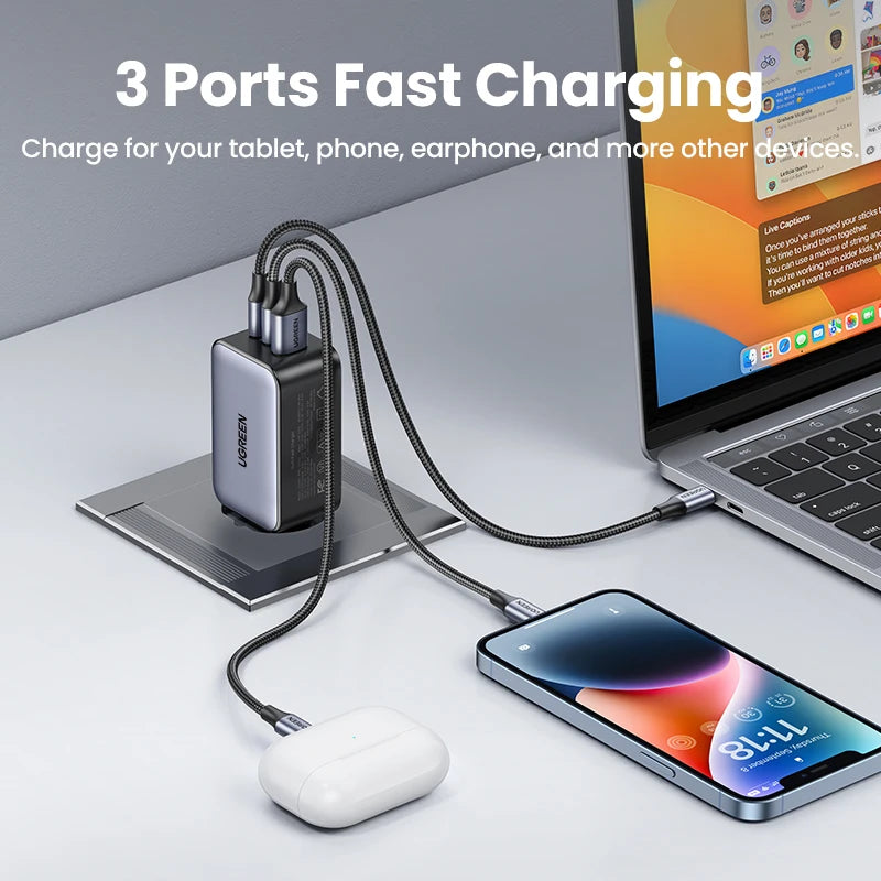 UGREEN 65W GaN 3-Port USB-C PD Fast Charger for Laptop & Phone USB-C Wall Charger PRIMED