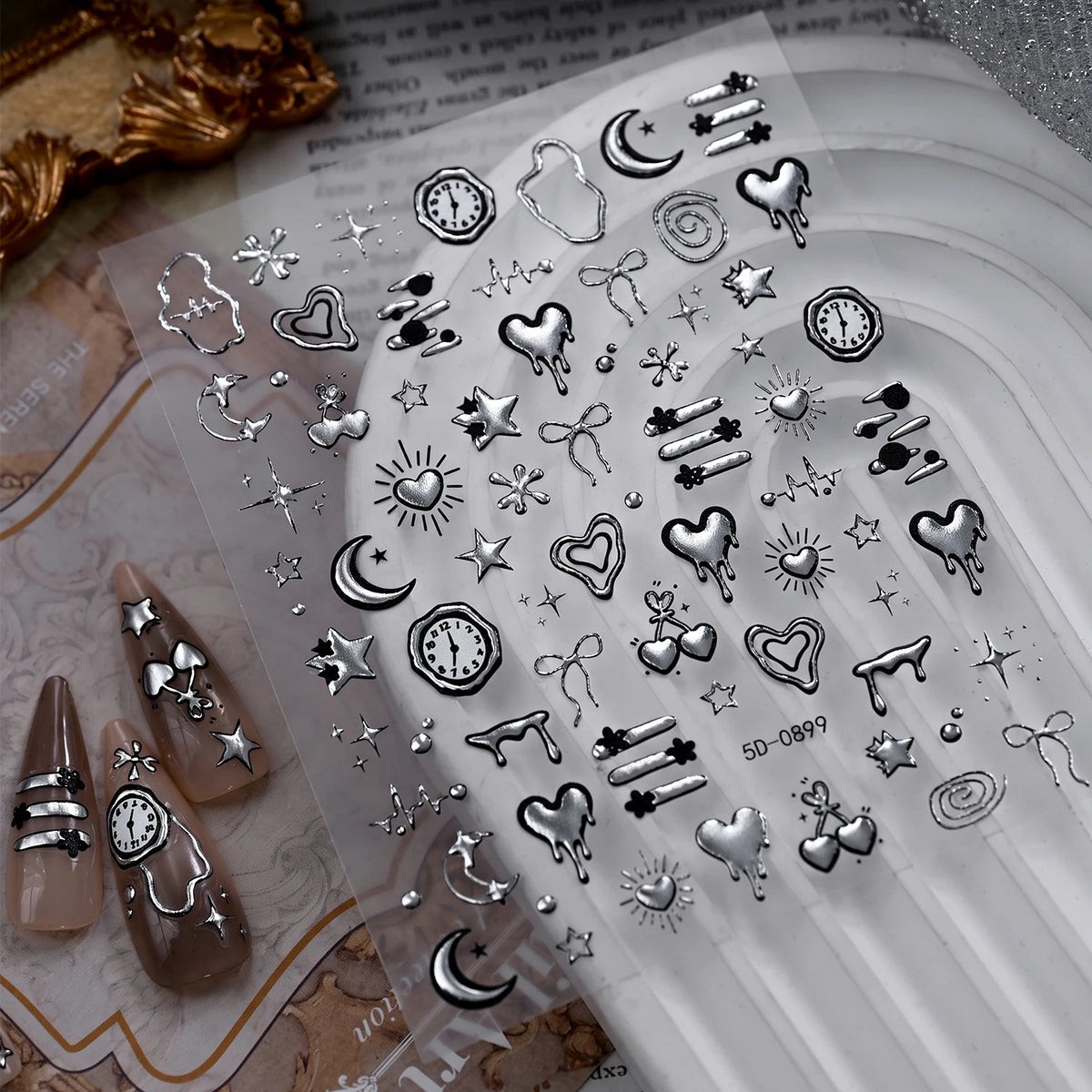 Punk Gothic 3D Nail Art Stickers – Silvery Embossed Decals