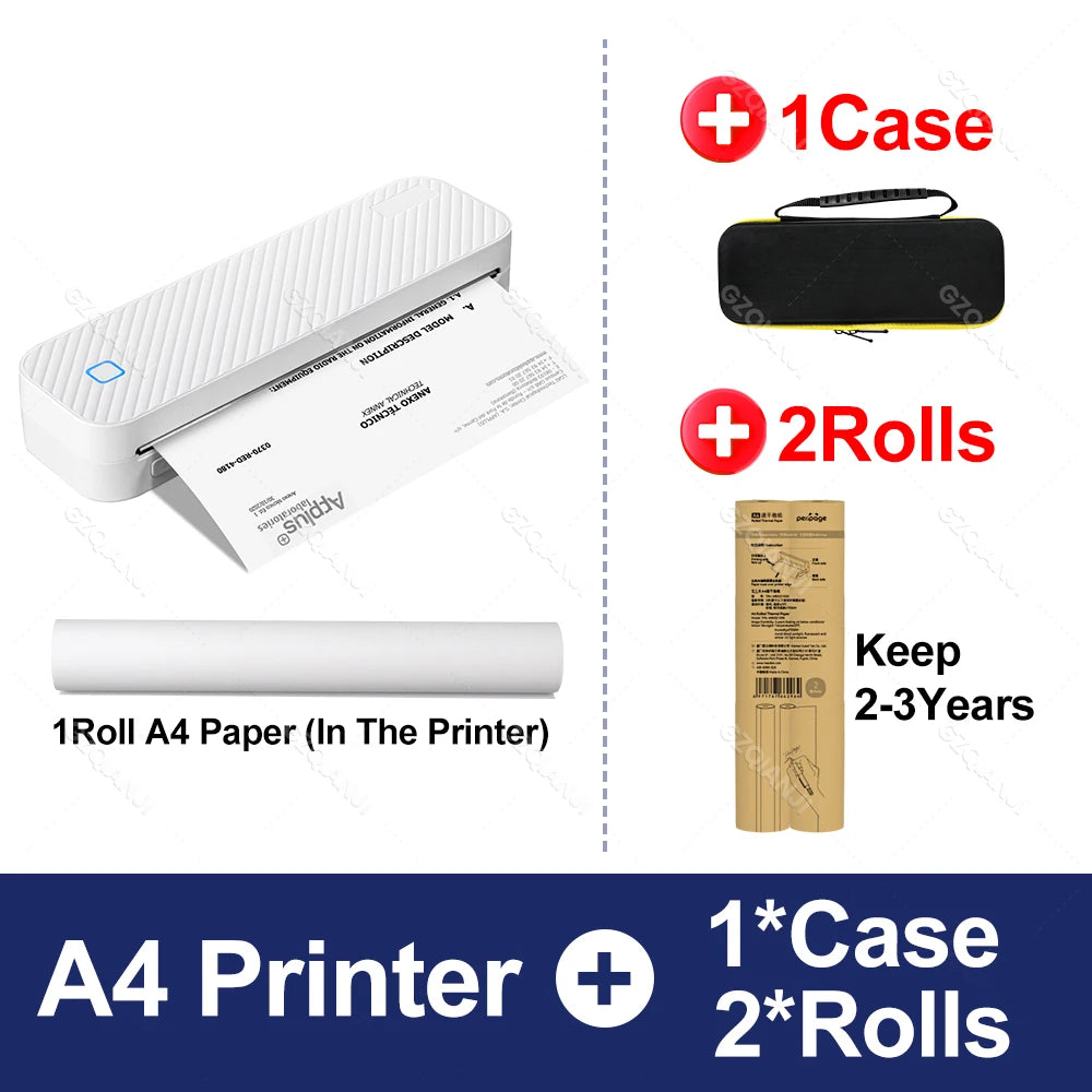 Portable A4 Bluetooth Thermal Printer | Inkless PDF & Doc Thermal Printer PRIMED add 1case 2rolls