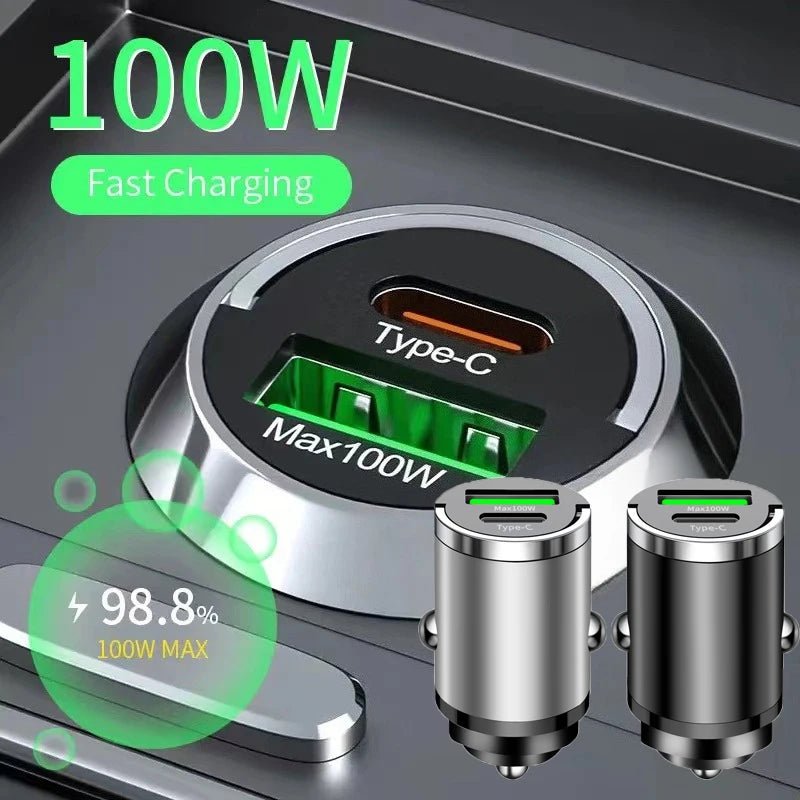 100W PD QC3.0 Mini Car Charger USB-C + USB Pull Ring Fast Car Phone Charger PRIMED