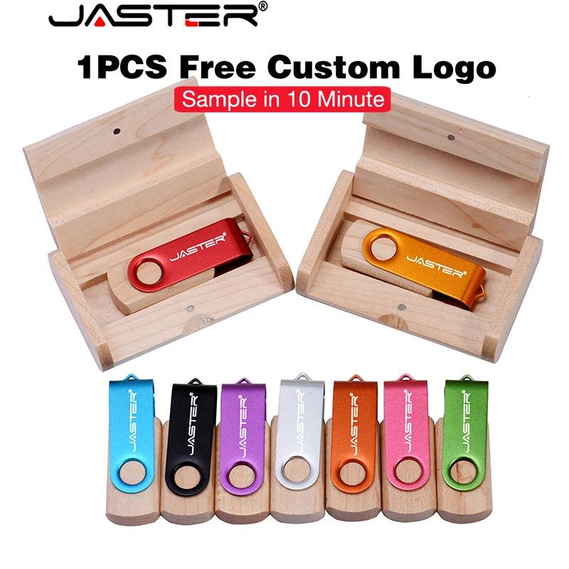 JASTER Wooden Rotating USB Flash Drive 4–64GB Custom Logo USB Flash Drive PRIMED