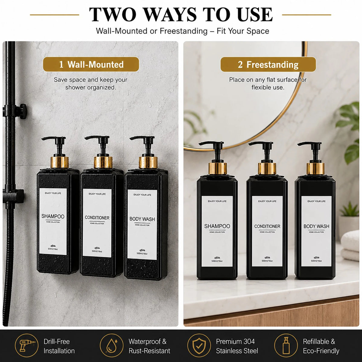 3-Pack 500ml Wall Mounted Shower Dispenser Set | Refillable Shower Dispenser Set PRIMED