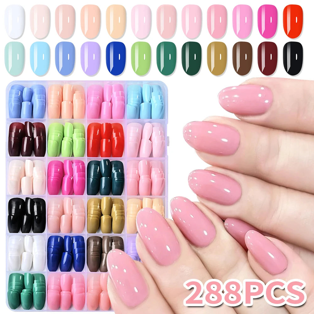 288 Pcs Press On Nails | Glossy Almond Mixed Colors Set