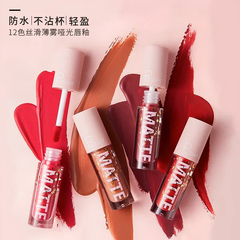 Pudaier 12-Color Matte Liquid Lipstick Set – Nude & Red