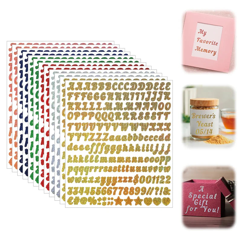 1080 PCS Glitter Vinyl Letter Stickers – 6 Sheets A–Z Alphabet