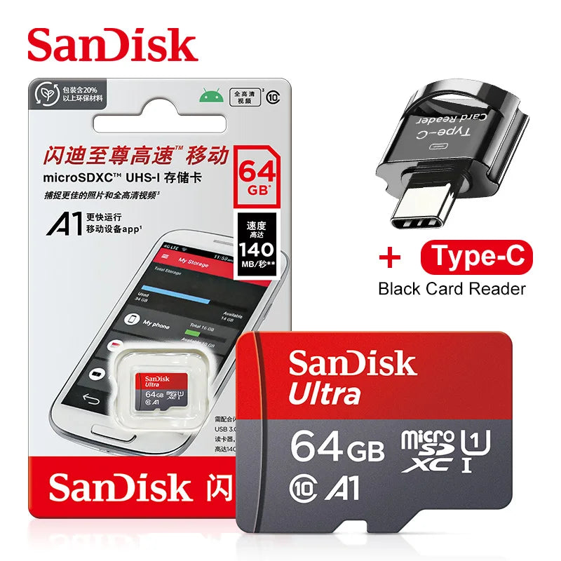 SanDisk A1 Micro SD Card 32–256GB 100MB/s + Type-C Reader Micro SD Card PRIMED 64GB Type-C