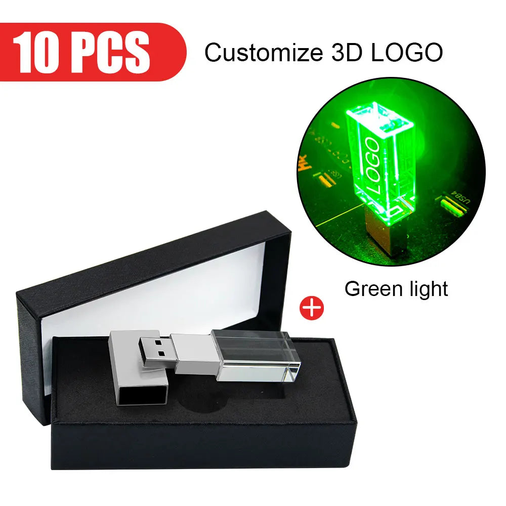 10-Pack Crystal USB 2.0 Flash Drive LED Light 4GB–128GB Logo USB Flash Drive PRIMED 4GB Silver-Green-box