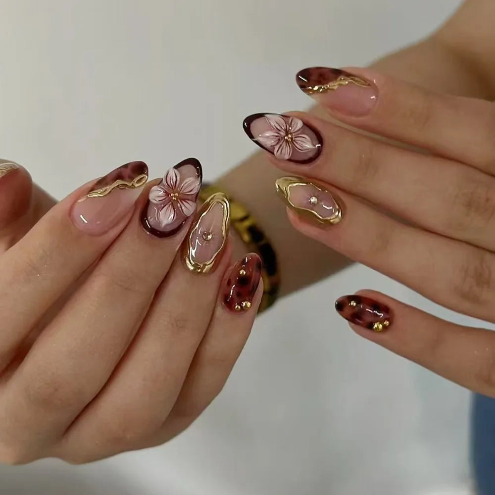 Long Almond Press On Nails – French Aurora Gilding Flower Tips