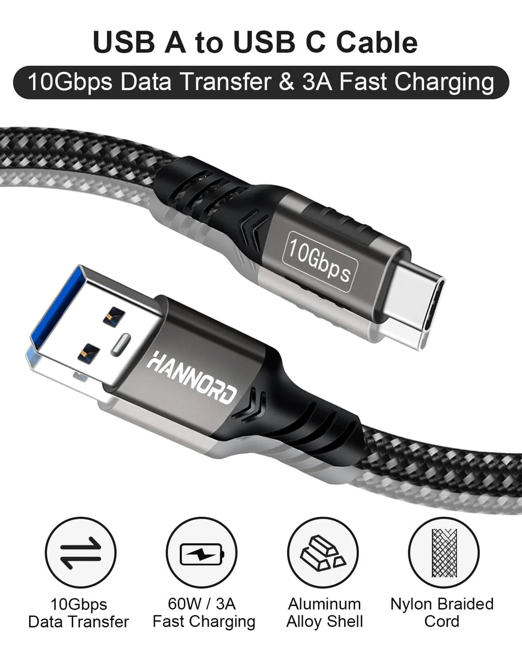 Hannord USB-A to USB-C 3.2 Gen2 Cable – 10Gbps 60W Fast Charge USB-C Data Cable PRIMED