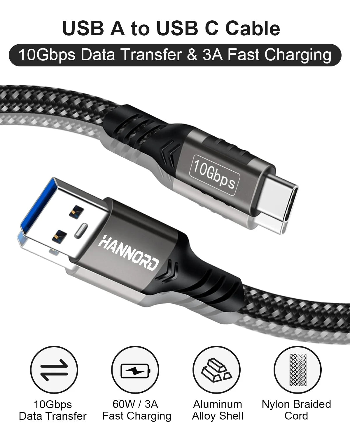 Hannord USB-A to USB-C 3.2 Gen2 Cable – 10Gbps 60W Fast Charge USB-C Data Cable PRIMED