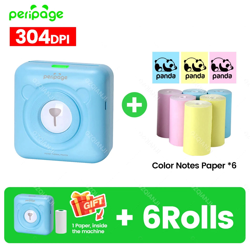 Peripage A6 58mm Mini Bluetooth Thermal Label Printer 300DPI Bluetooth Thermal Printer PRIMED 304BL 6Color