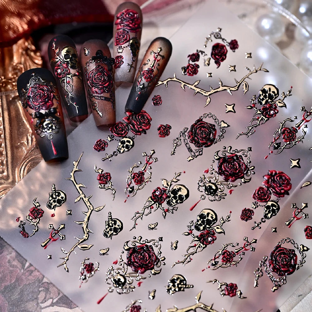 Punk Rose Skull Nail Art Stickers – 3D Hot Stamp Decals