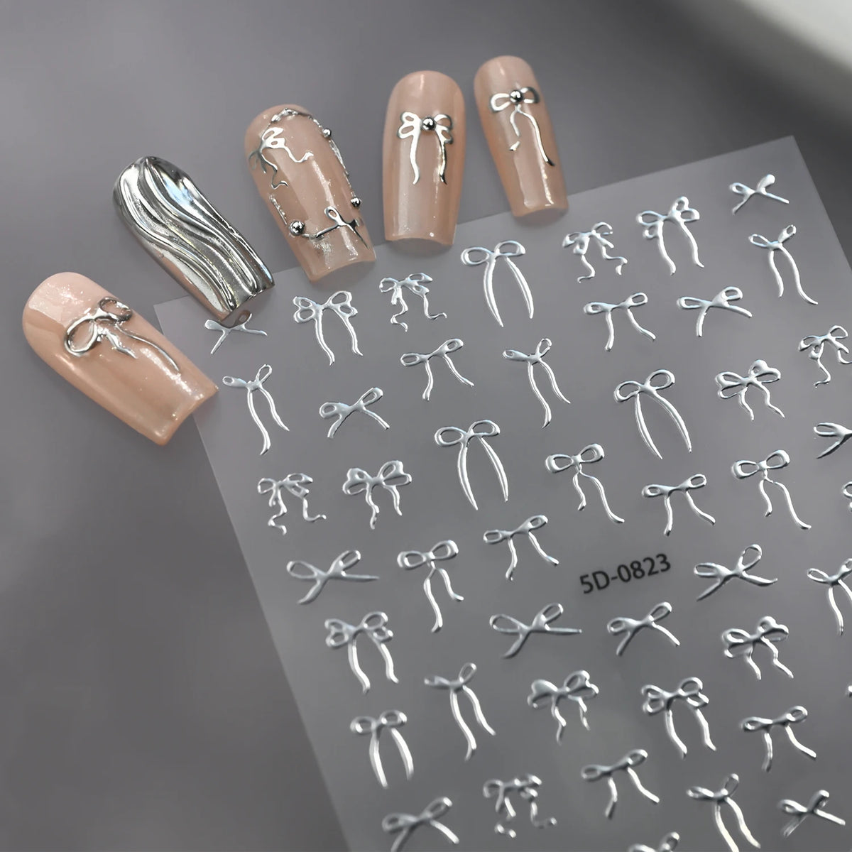 Silver Foil 3D Bow Nail Art Stickers – Ribbon Butterfly Decals