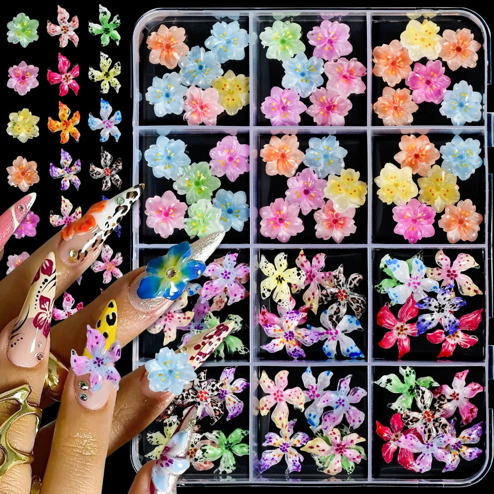 72Pcs 3D Flower Nail Charms – Sakura, Lily & Leopard Mix Nail Art Charms PRIMED