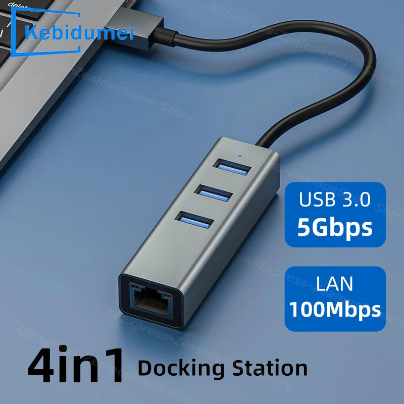 4-in-1 USB-C Hub | 3x USB 3.0 & RJ45 Gigabit Ethernet USB-C Docking Hub PRIMED