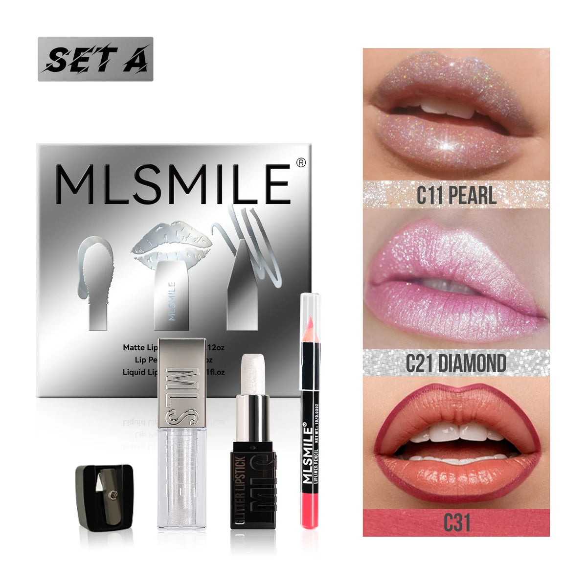 MLSMILE Diamond Lip Gloss, Matte Liner & Lipstick Kit
