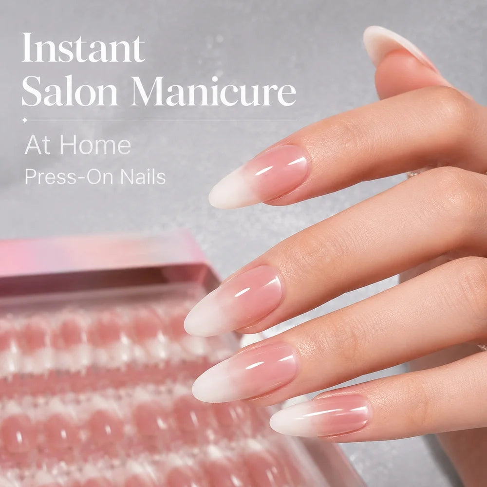 150Pcs Almond Press On Nails – Nude Pink French Ombre Press On Nails PRIMED