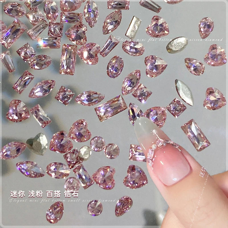 50Pcs Pink Zircon Nail Rhinestones Heart & Oval Manicure Charms Nail Art Rhinestones PRIMED