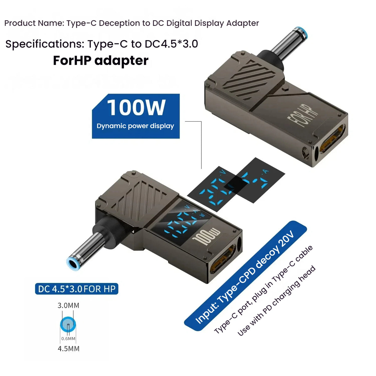 TISHRIC 100W USB-C PD to DC Laptop Charging Adapter 5A Laptop Charging Adapter PRIMED 4530 For HP China Mainland