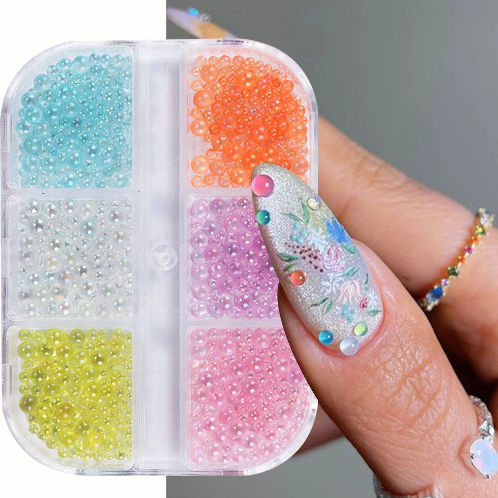 Aurora Iridescent Bubble Beads Nail Charms – 6-Grid Glass Set Nail Art Charms PRIMED A1