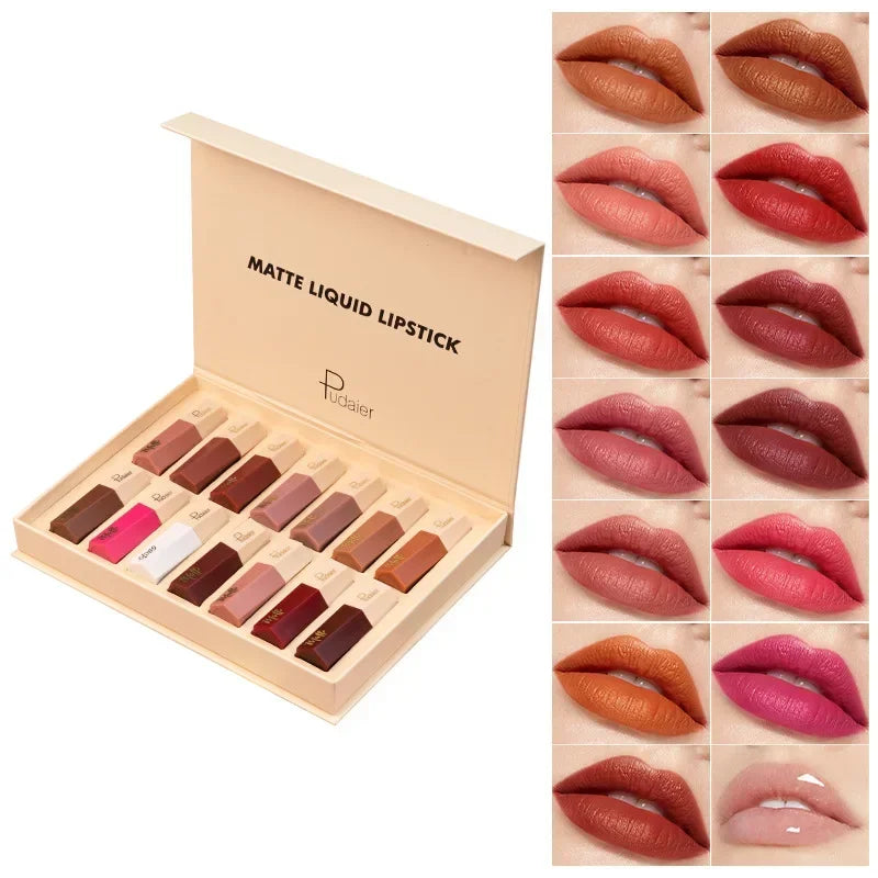 Pudaier 14-Color Velvet Matte Liquid Lipstick Set – Waterproof