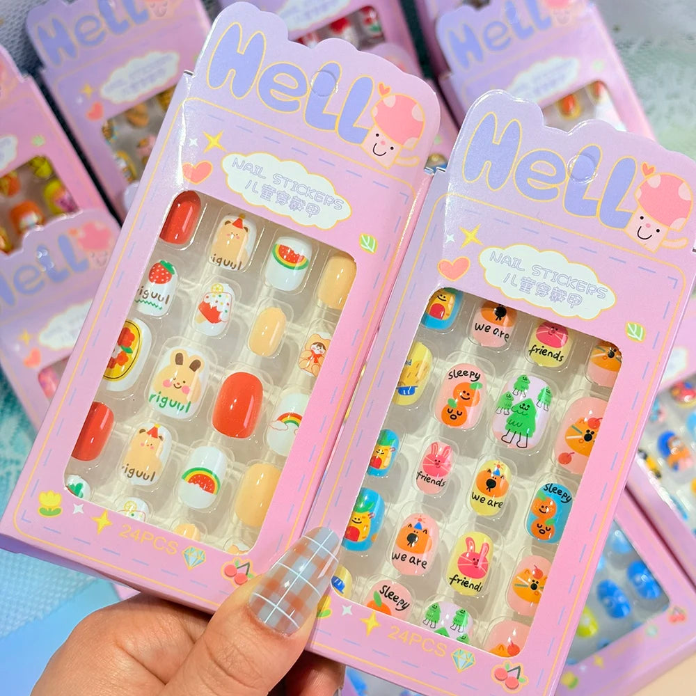 120Pcs Kids Cartoon Press-On Nails – Bear, Bee & Rabbit Kids Press-On Nails PRIMED