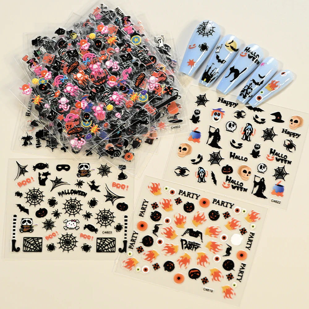 24pcs 3D Halloween Nail Stickers – Pumpkin Ghost Skull Decals Nail Art Stickers PRIMED