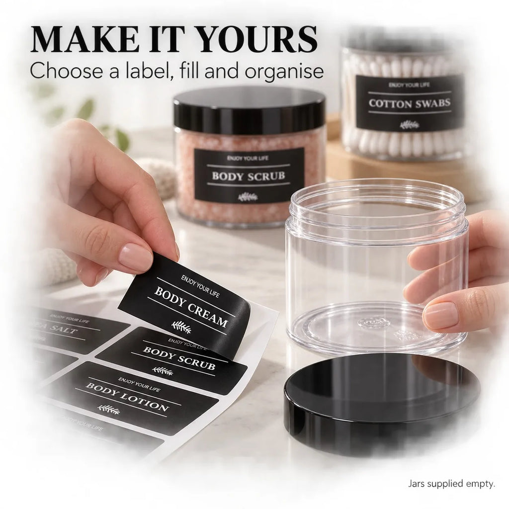 6-Pack Bathroom Vanity Storage Jars with Labels | Plastic Organizer Bathroom Storage Jars PRIMED