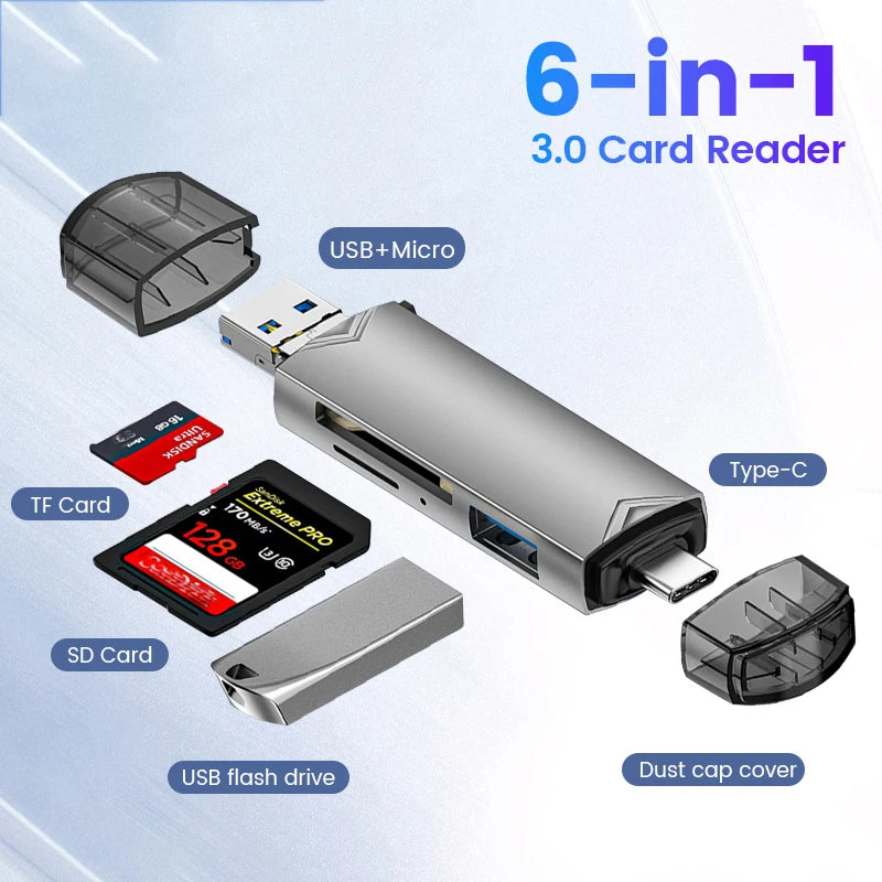 6-in-1 USB 3.0 Card Reader SD TF OTG Adapter Type-C Micro USB USB Card Reader PRIMED
