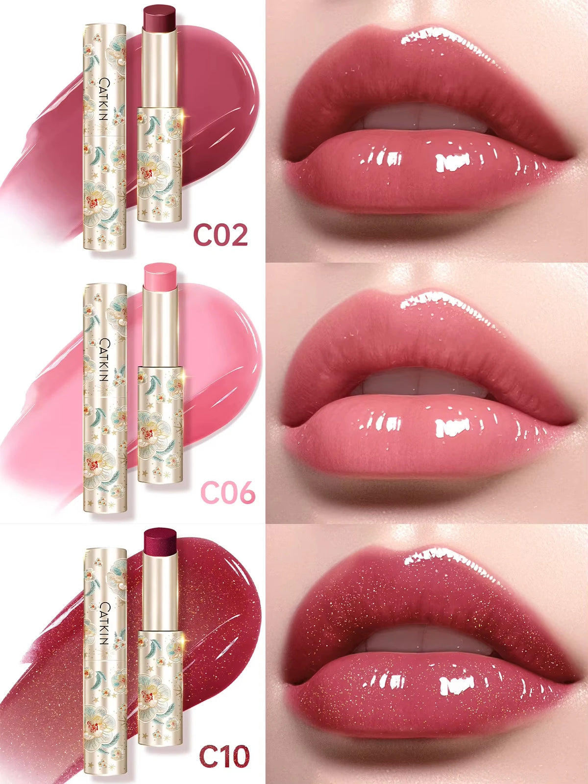 CATKIN 3PCS Glossy Lip Balm Set | Mirror Shine 12H Hydration Lip Balm Set PRIMED C02 C06 C10