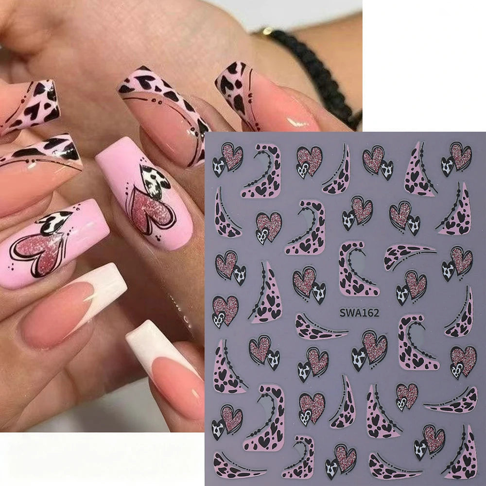 Retro Leopard Heart Glitter Nail Art Stickers | French Design