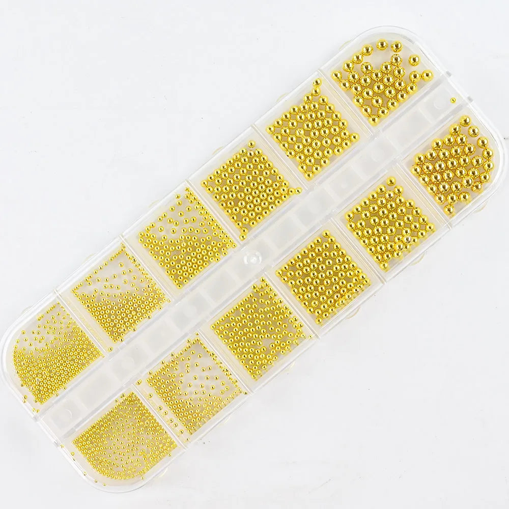 Nail Art Metal Round Beads 0.8–3.0mm Gold Silver | 12-Grid Box