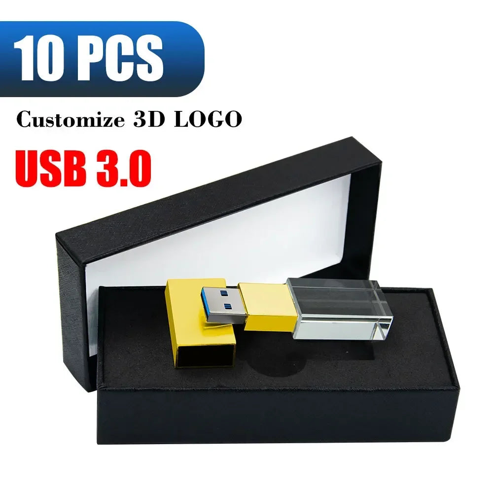 10-Pack Crystal USB 3.0 Flash Drive 8–128GB | Custom Logo USB Flash Drive PRIMED 8GBX10PCS golden with box