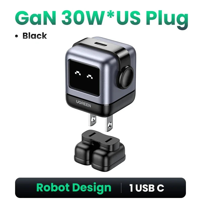 UGREEN 30W GaN USB-C Fast Charger PD3.0 PPS – Robot Design GaN USB-C Charger PRIMED US Plug 30W Black China Mainland