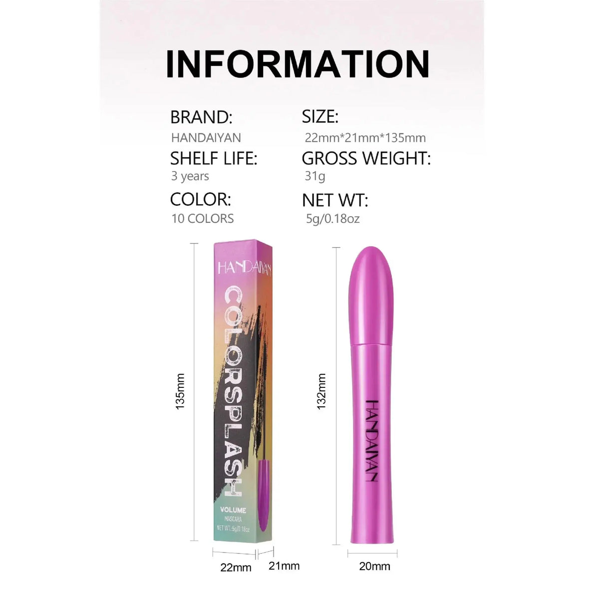 Handaiyan Waterproof Color Mascara – 10 Shades, Volume & Curl Color Mascara PRIMED