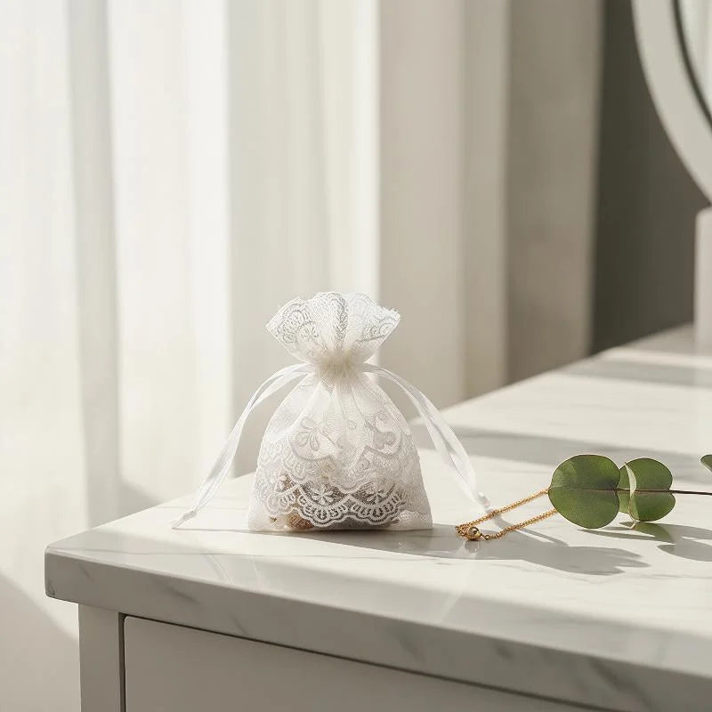 White Gauze Drawstring Gift Bag – Lace Sachet & Jewelry Pouch
