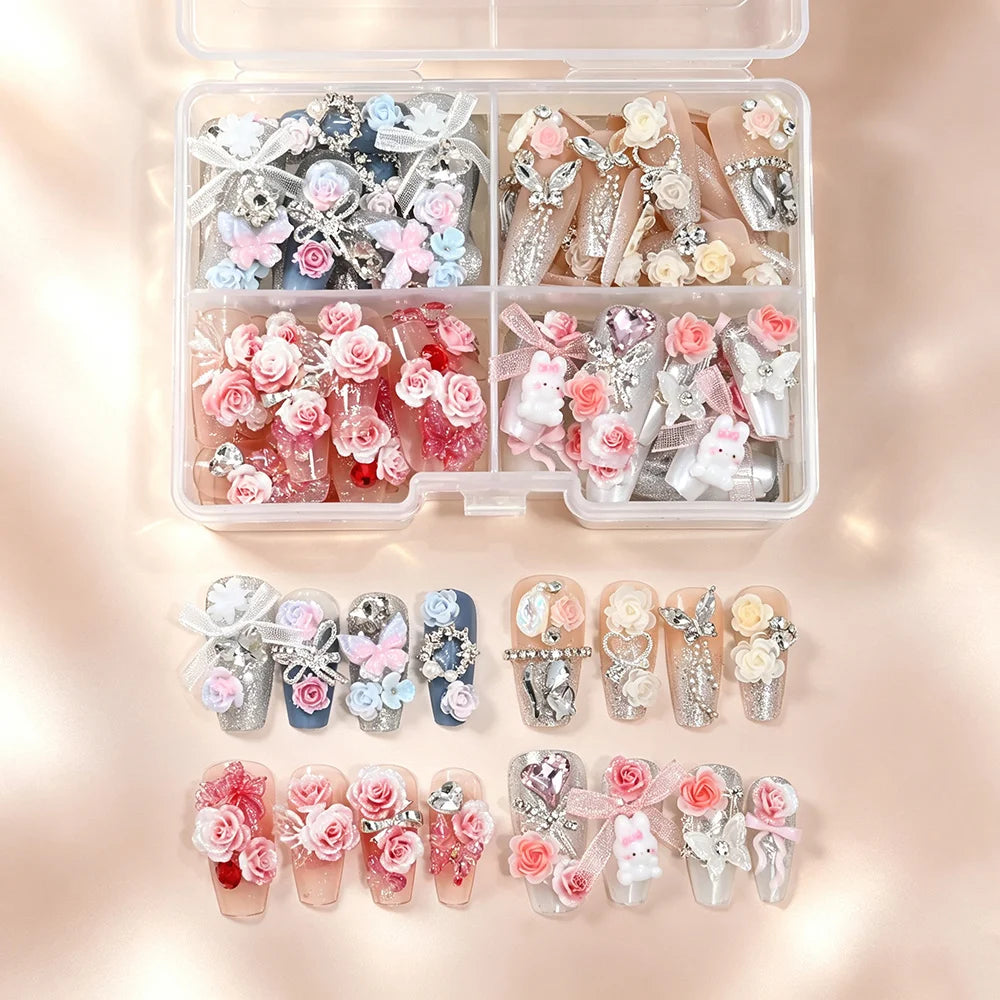 96Pcs Press-On Nails | Coffin 3D Floral Bunny Bow Crystal Decor