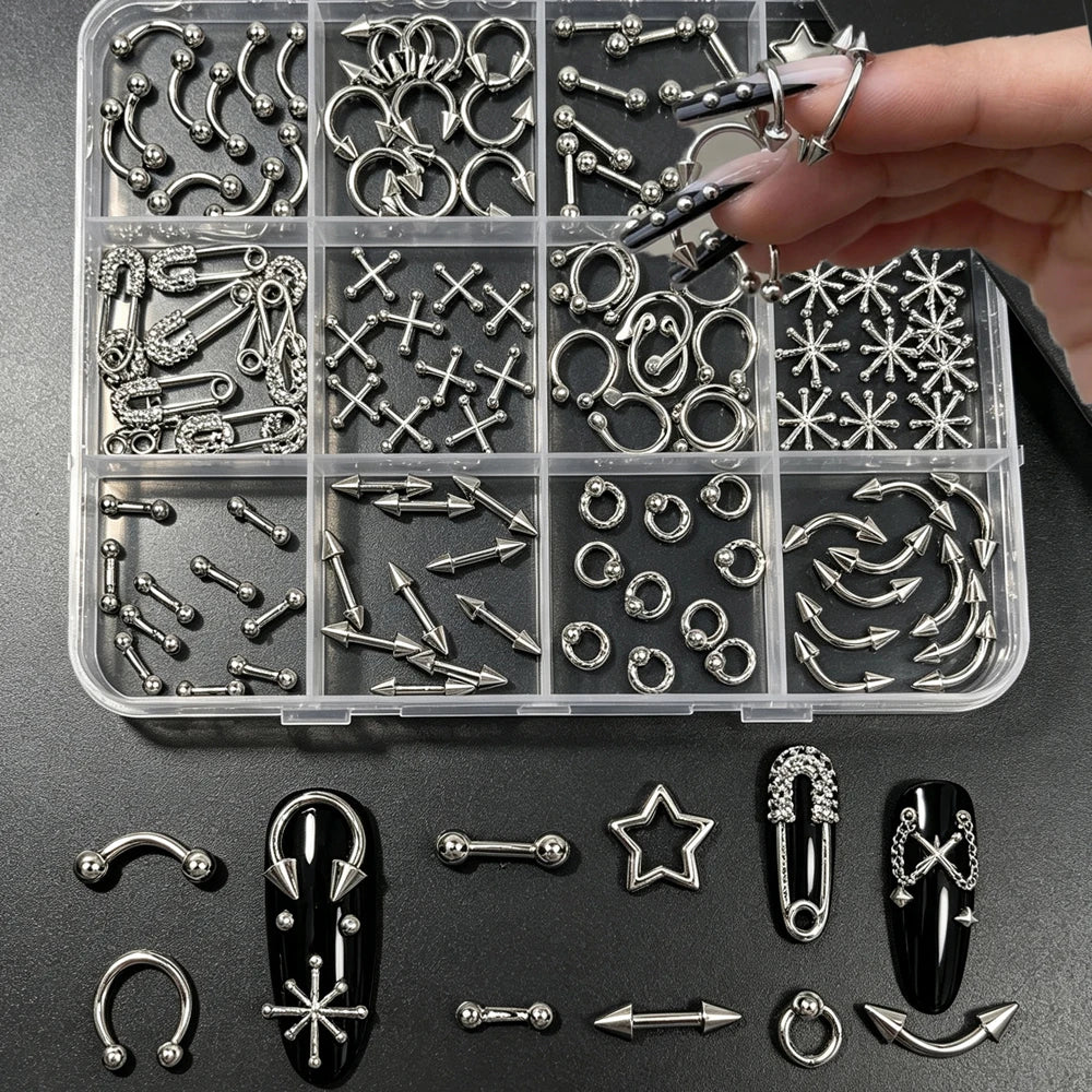 12-Grid Punk Metal Rivet Nail Charms – 3D Stars & Rings Set Nail Art Charms PRIMED A1