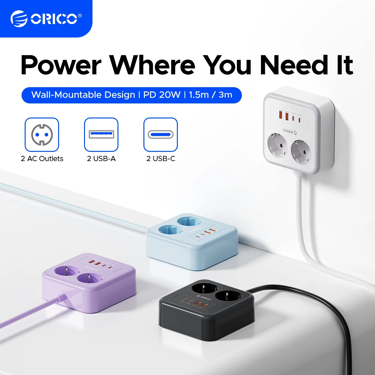ORICO Desktop Power Strip PD 20W USB-C Fast Charging EU Plug Desktop Power Strip PRIMED