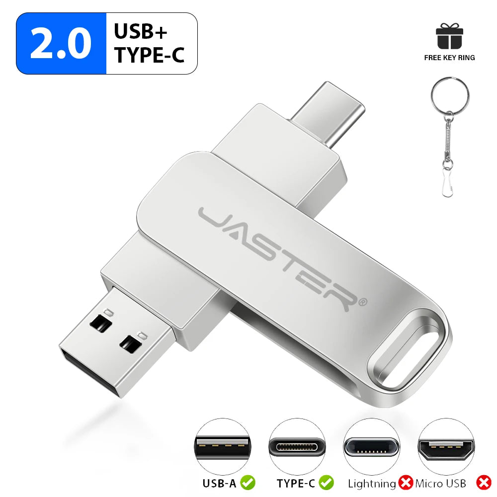 JASTER USB-C Metal Flash Drive 2-in-1 | 4GB–128GB Memory Stick USB Flash Drive PRIMED