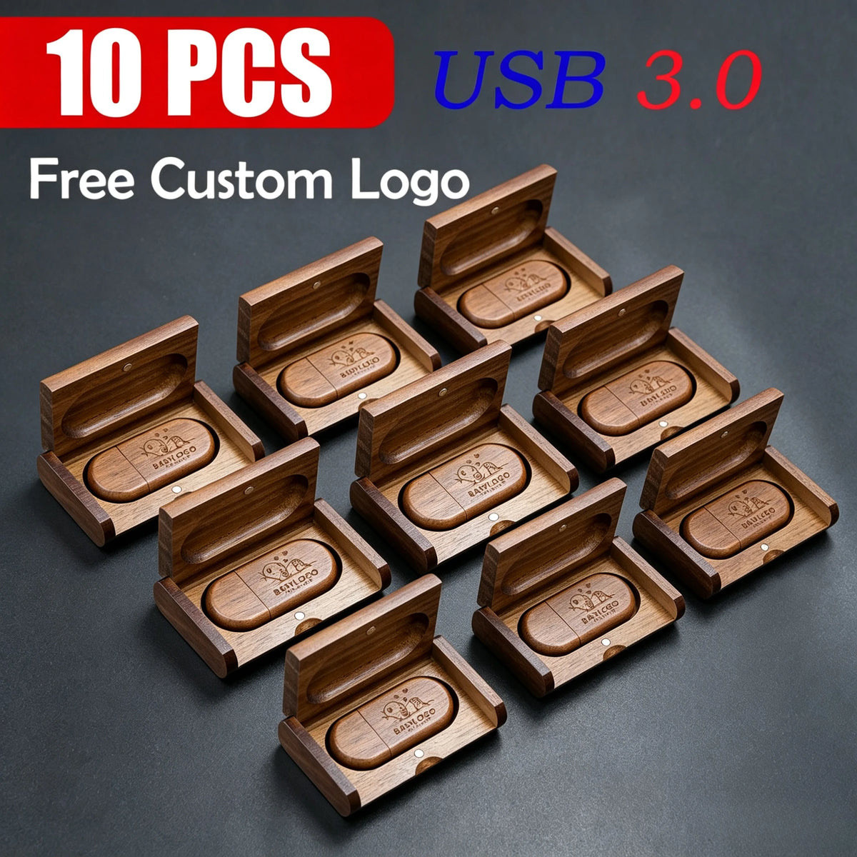 10-Pack Custom Logo USB 3.0 Flash Drives 64GB Wooden Gift Set Custom USB Flash Drive PRIMED