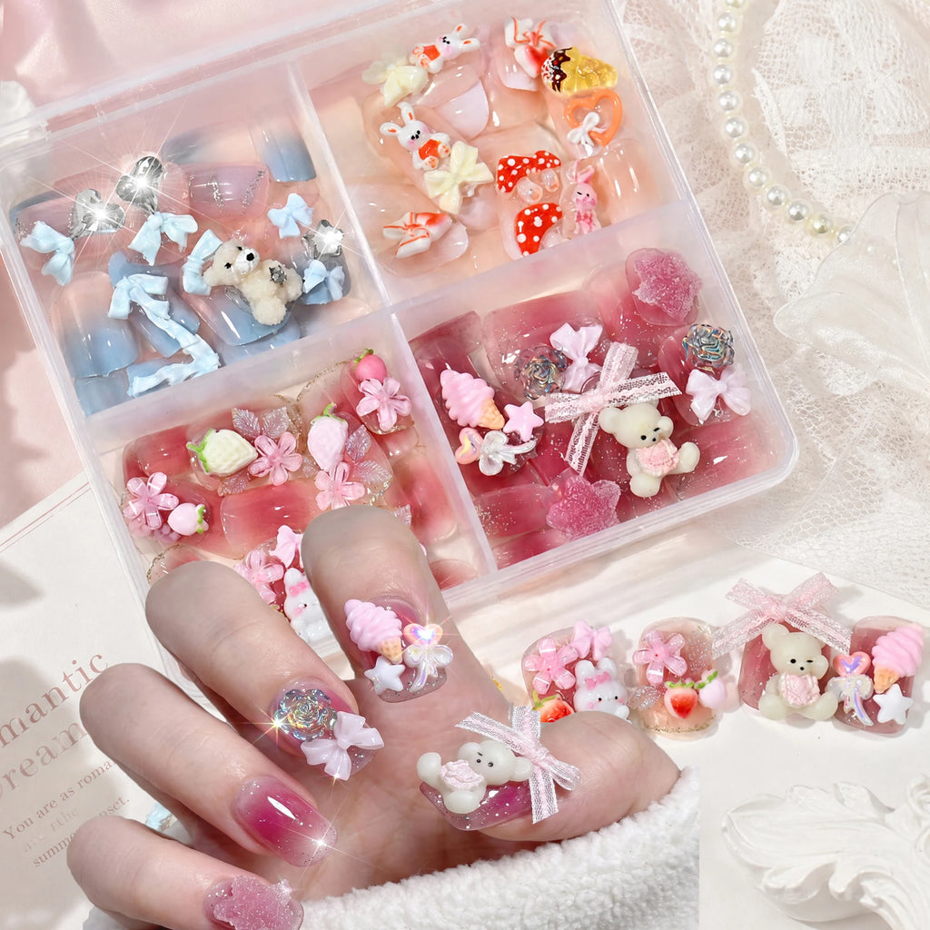 96Pcs Handmade Press On Nails – Pink Bears, Bows & Flowers