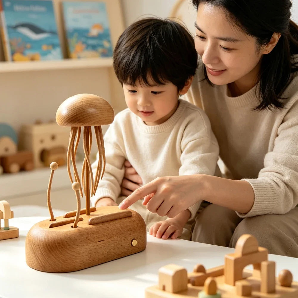 Wooden Jellyfish Automaton Sculpture – Kinetic Desk Decor