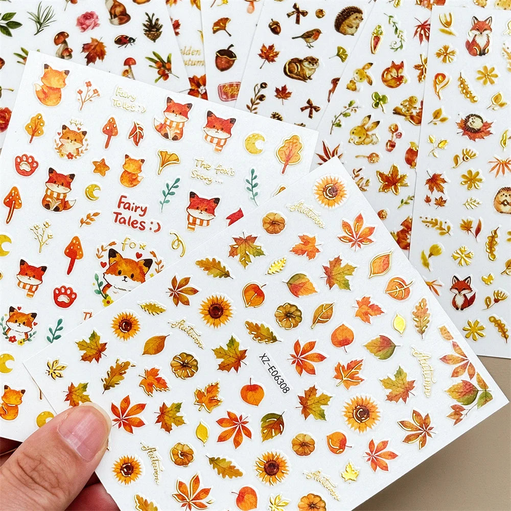 12-Pc Bronzing Autumn Nail Stickers – Pumpkin, Owl & Maple Leaf Nail Art Stickers PRIMED