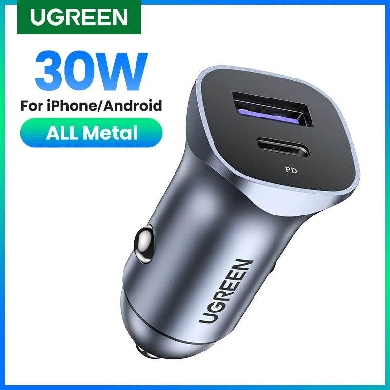 UGREEN 30W Dual Port Car Charger QC 4.0 USB-C Fast Charging Car Charger PRIMED