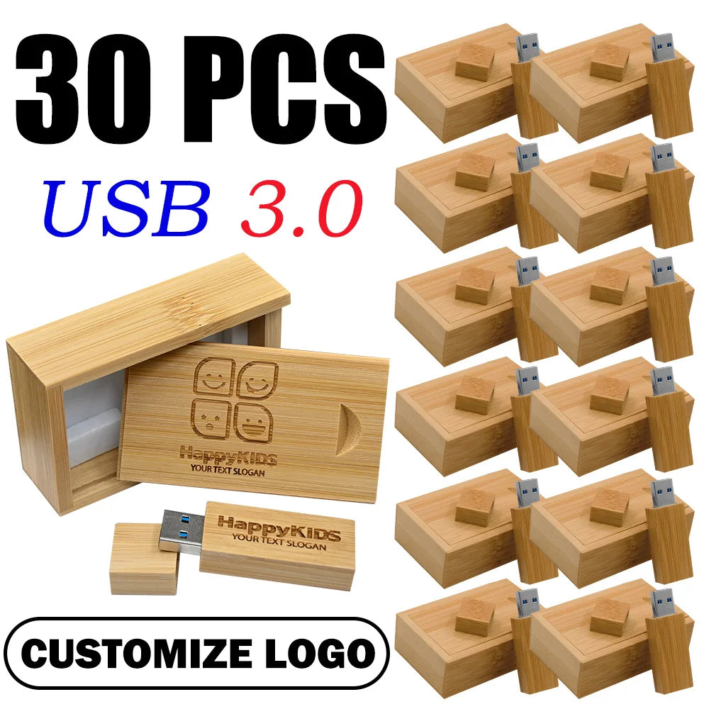 30-Pack Wooden USB 3.0 Flash Drives | Custom Logo 16–128GB USB Flash Drive PRIMED