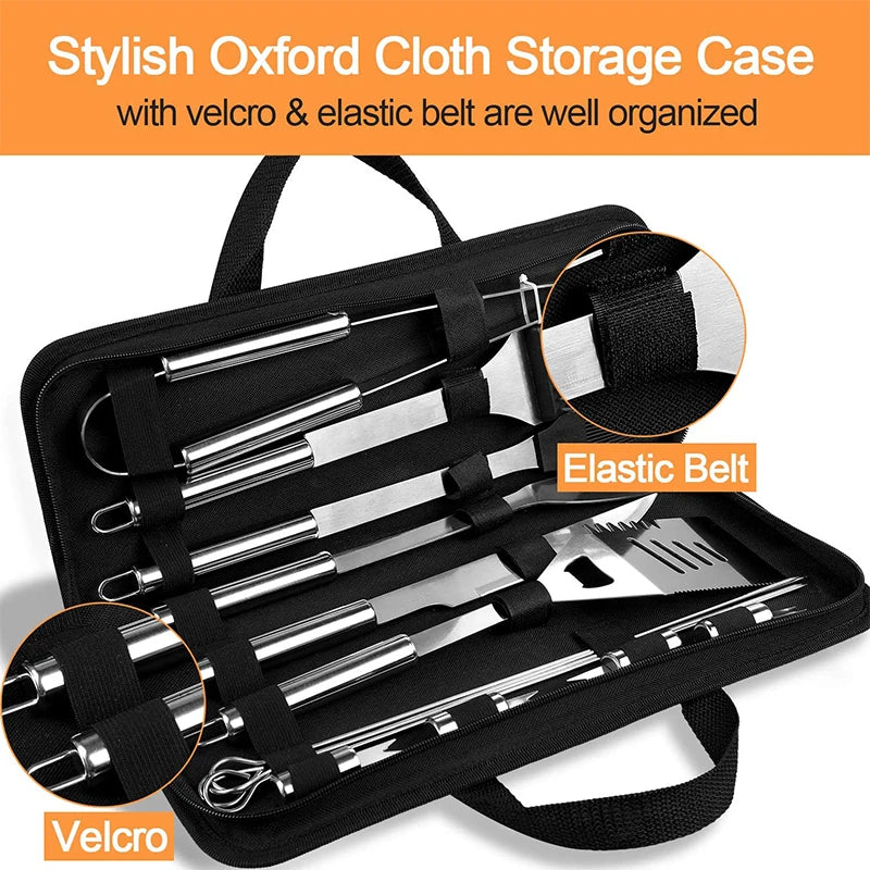 20-Piece Stainless Steel BBQ Grill Tools Set with Canvas Bag BBQ Grill Tools Set PRIMED