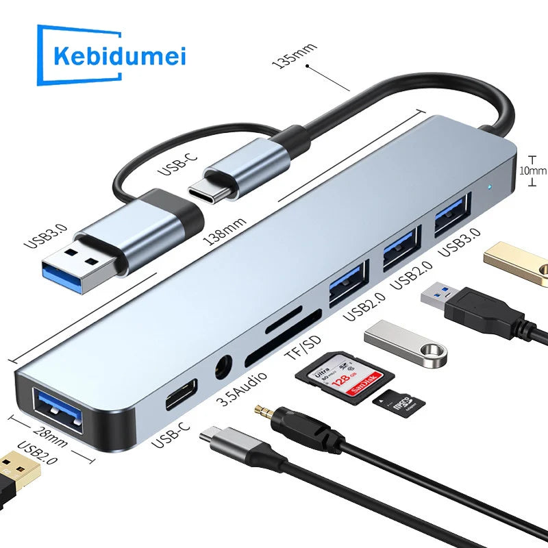 8-in-2 USB-C Hub Dock – USB 3.0, Audio & SD Card Reader USB-C Dock Hub PRIMED