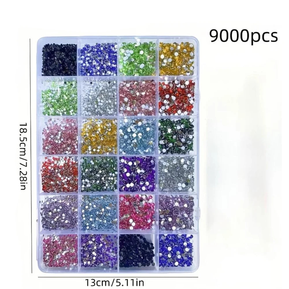 9000Pcs Mixed Nail Rhinestones – 24 Grid Flat Back Gems Set